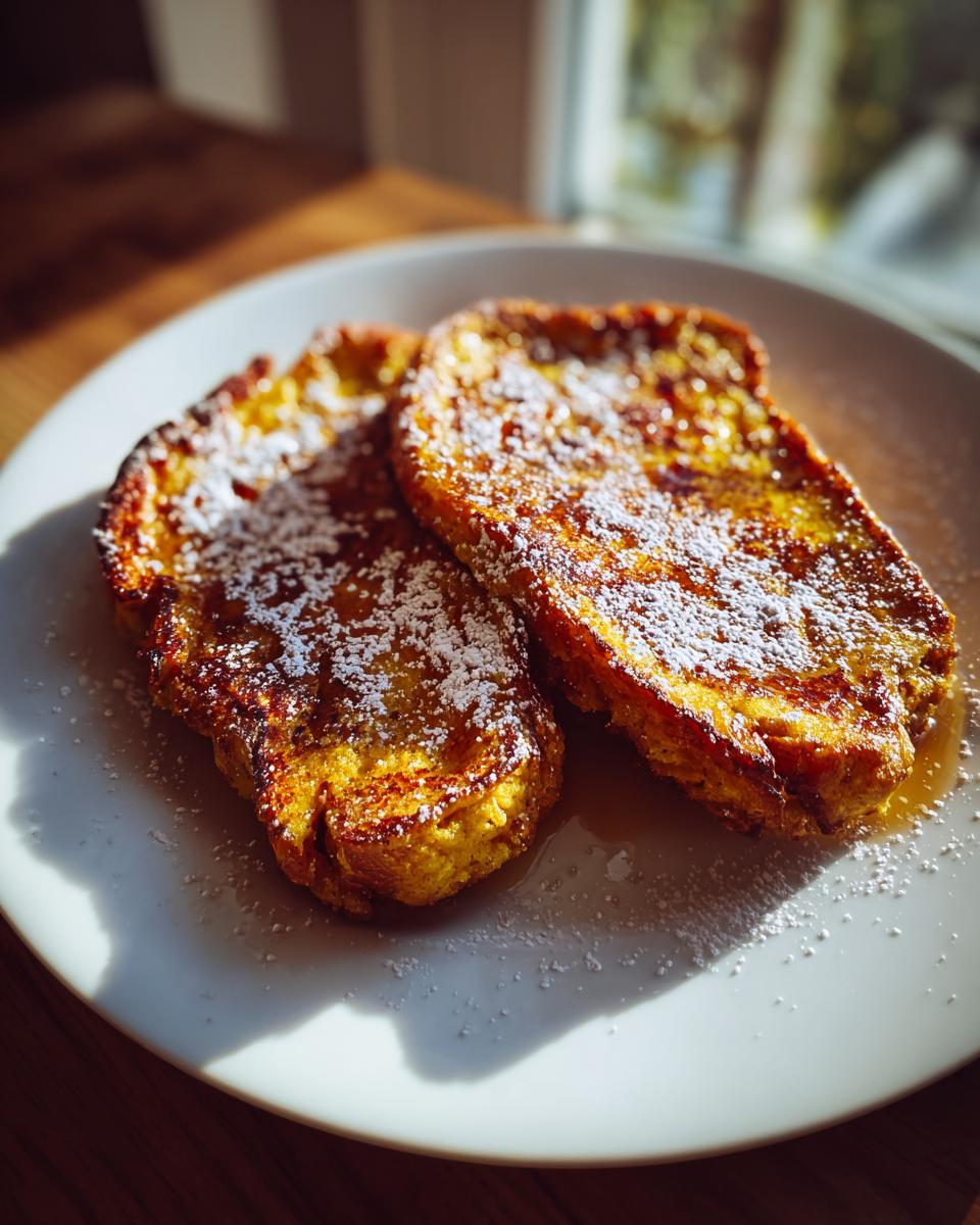 Close-up of two golden-brown pumpkin French toast slices dusted with powdered sugar on a white plate.