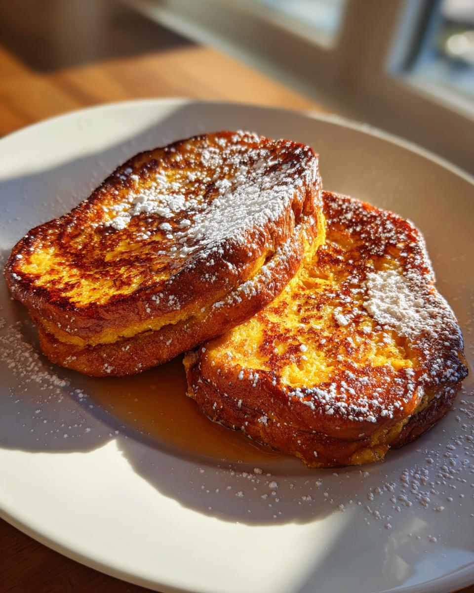Two golden-brown slices of pumpkin french toast dusted with powdered sugar on a white plate with syrup.