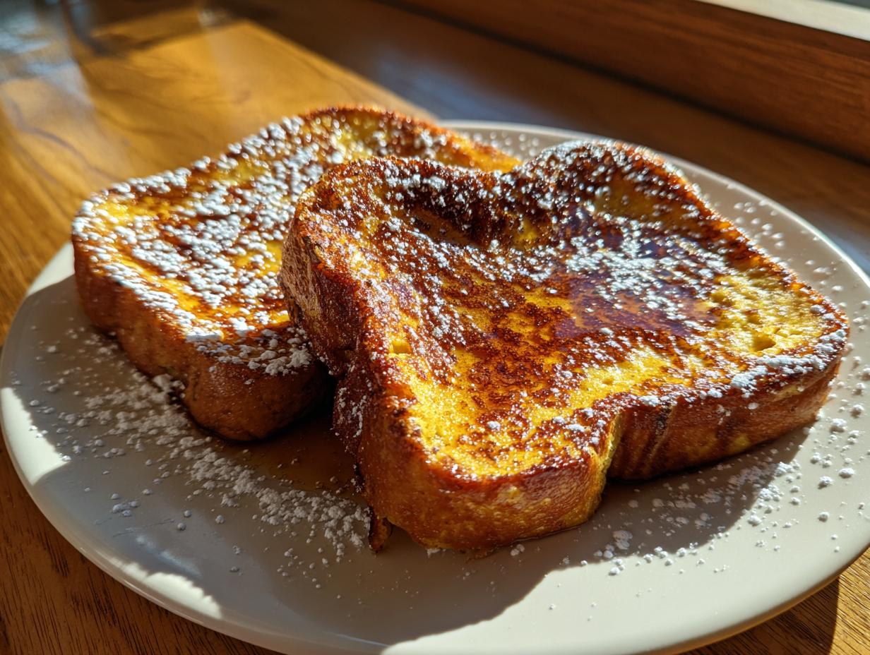 Two slices of golden-brown pumpkin French toast dusted with powdered sugar on a plate.