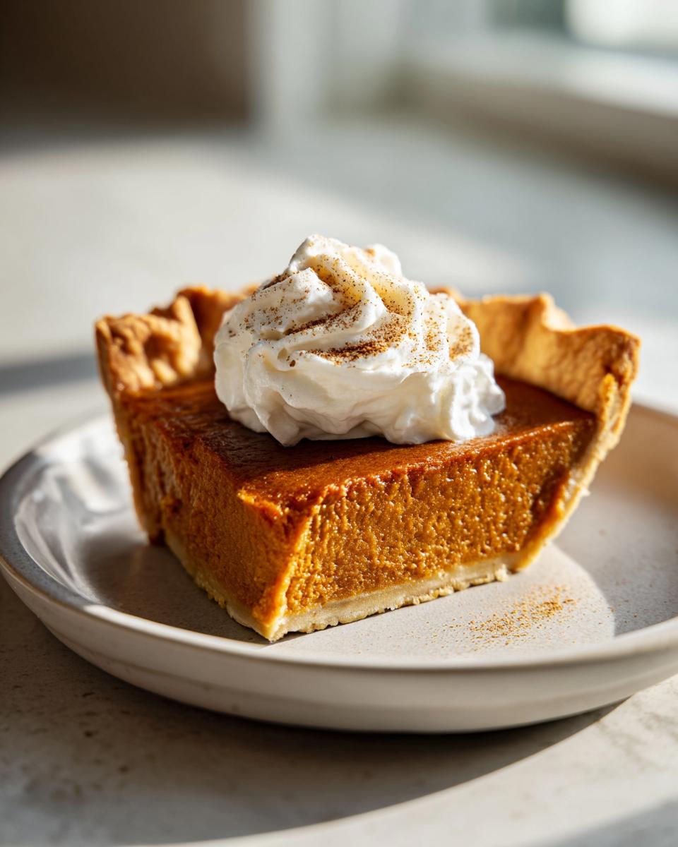 A perfect slice of pumpkin pie topped with whipped cream and cinnamon, a quintessential Thanksgiving dessert.