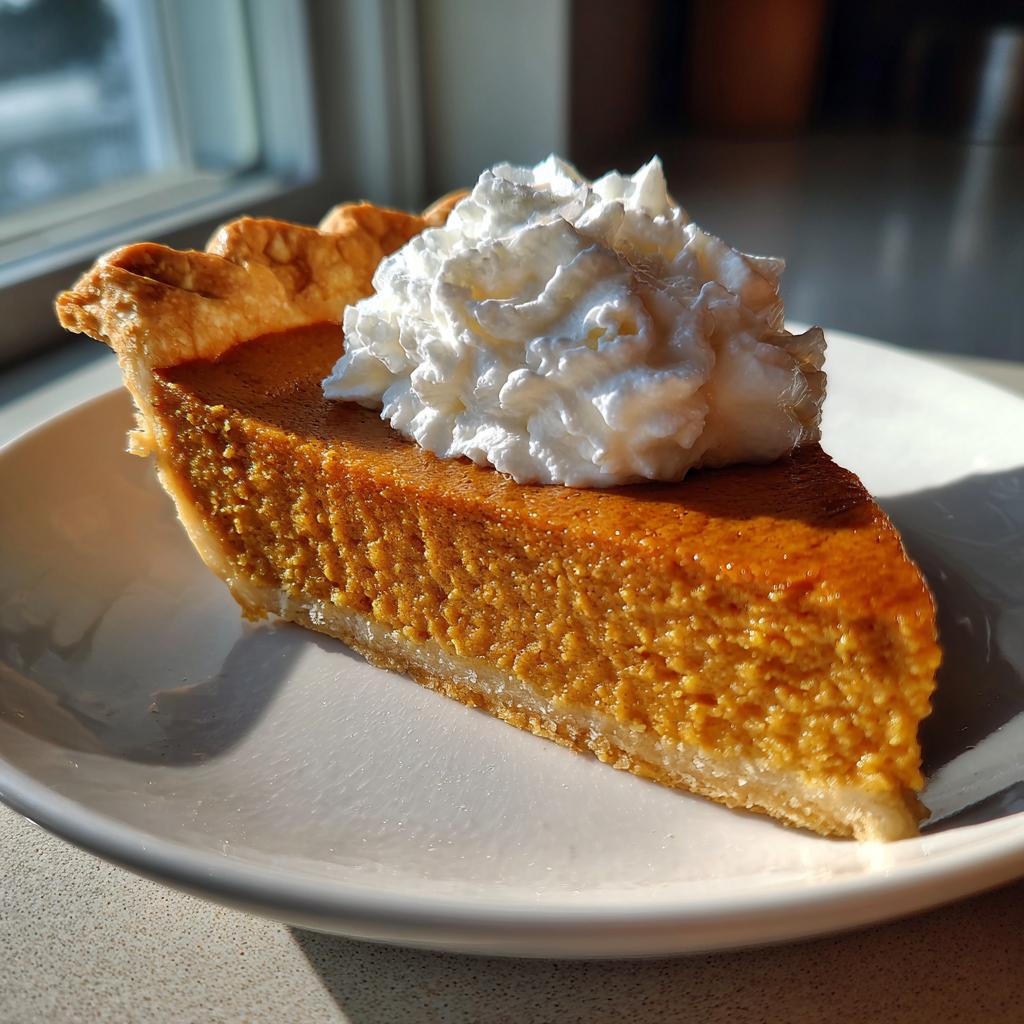 A close-up of a delicious slice of pumpkin pie, topped with whipped cream, perfect for Thanksgiving desserts.