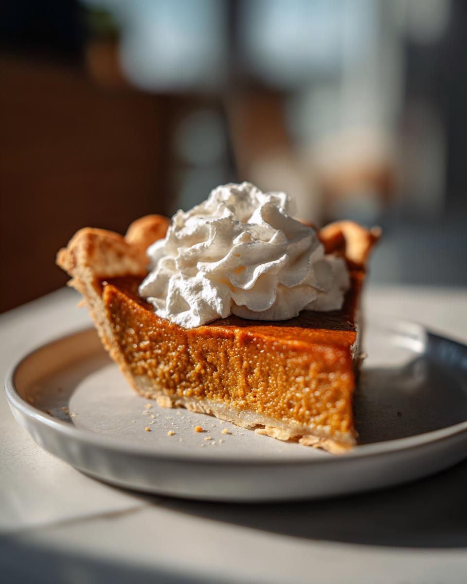 A slice of classic pumpkin pie topped with whipped cream, a perfect addition to Thanksgiving desserts.