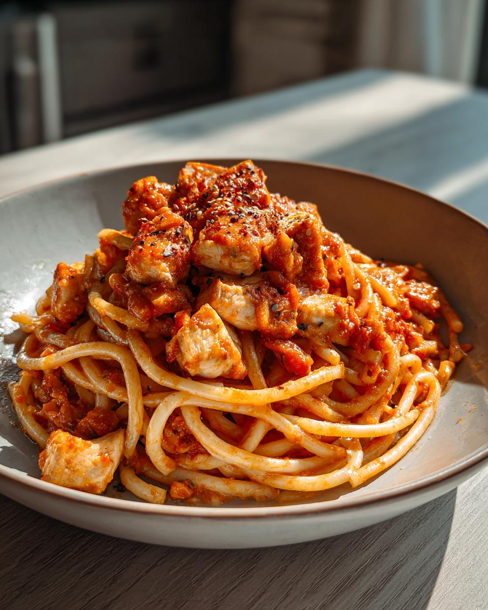 A close-up of a bowl of pasta with chicken pieces in a rich tomato sauce, perfect for quick dinner ideas.