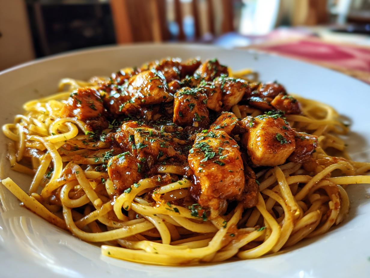 A close-up of a bowl of pasta topped with saucy chicken pieces and sprinkled with parsley. A perfect quick dinner idea.
