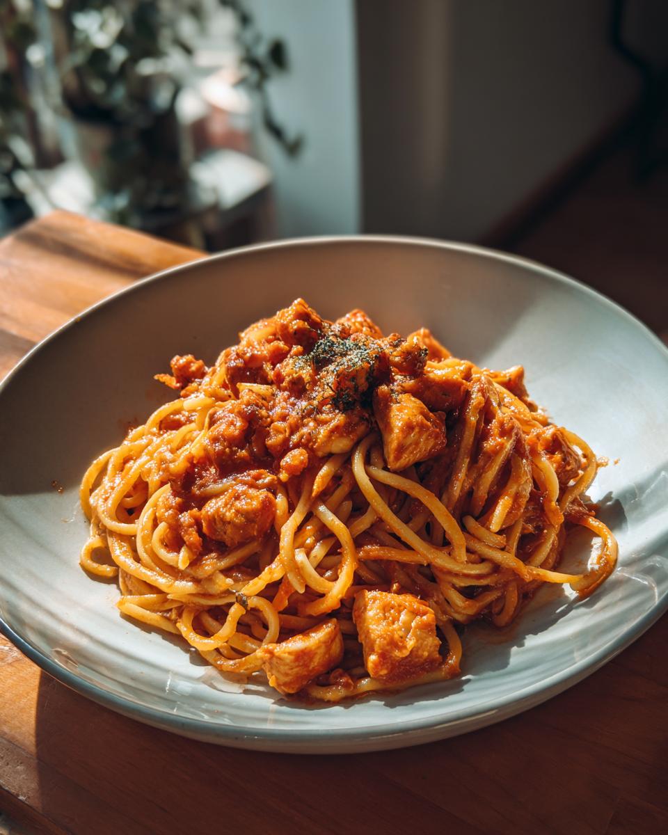 A close-up of a bowl of spaghetti with chicken and tomato sauce, a perfect quick dinner idea.