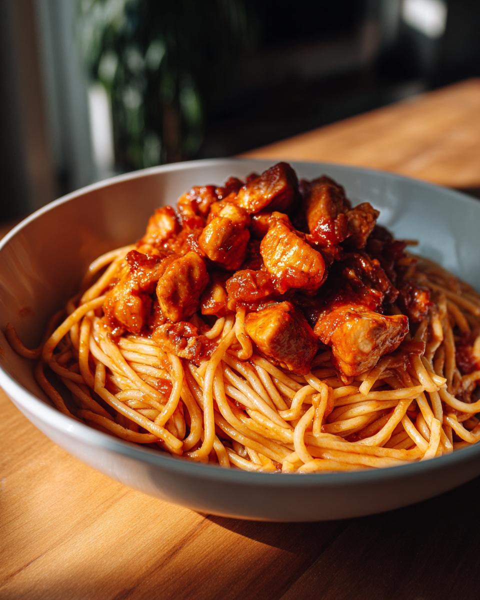 A bowl of spaghetti topped with chicken in a rich tomato sauce, a perfect quick dinner idea.