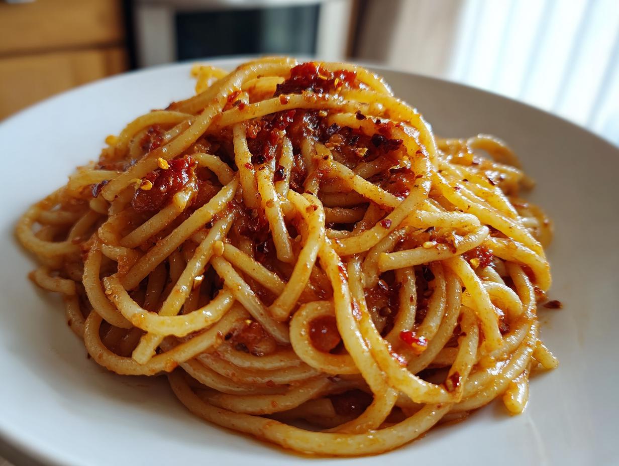 Close-up of a plate of spaghetti tossed with a spicy red pepper and garlic sauce, perfect for quick dinner ideas.