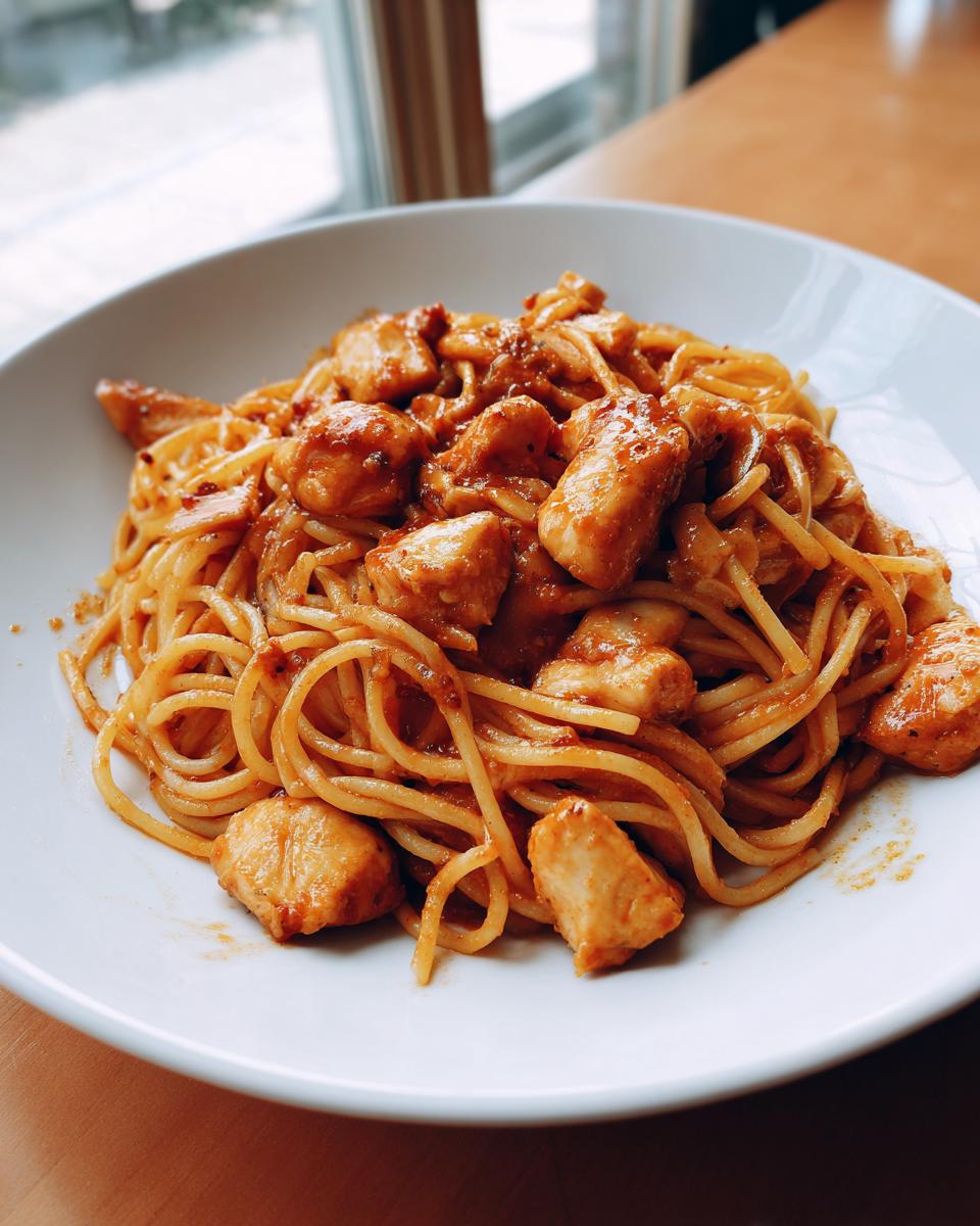 A close-up of a white bowl filled with spaghetti and bite-sized pieces of chicken in a rich sauce, perfect for quick dinner ideas.