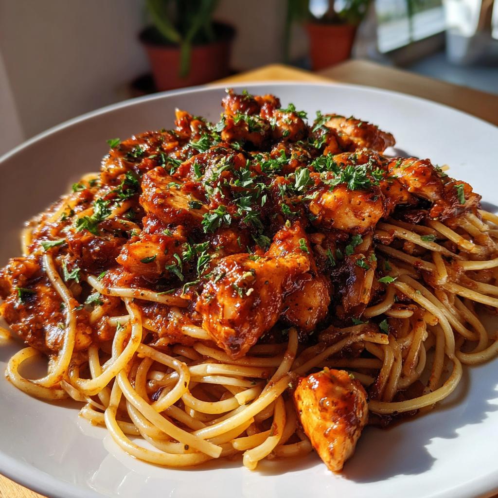 A plate of spaghetti topped with saucy chicken pieces and fresh parsley, perfect for quick dinner ideas.