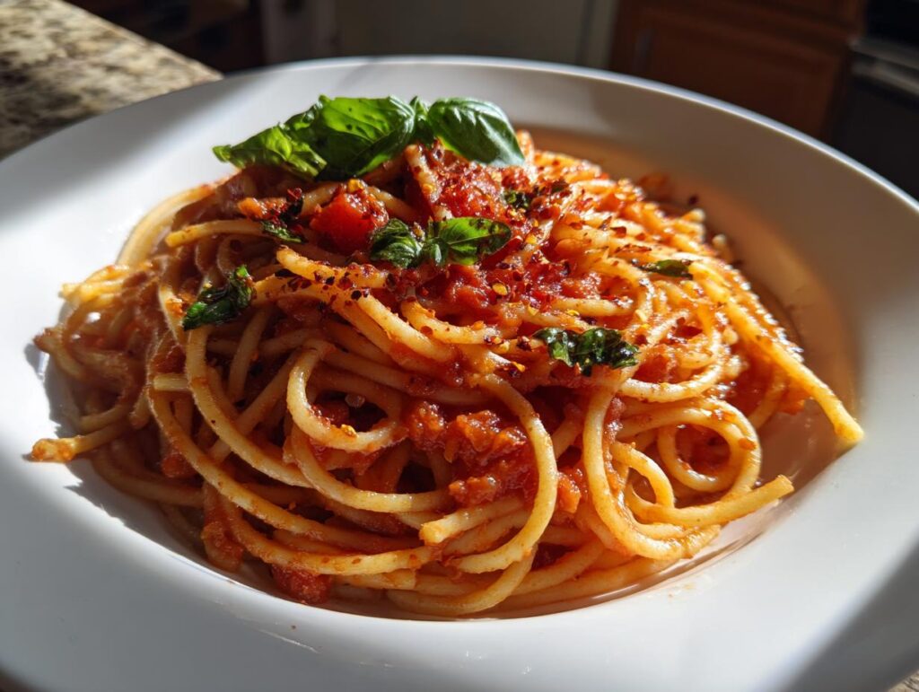 A close-up of a white bowl filled with spaghetti tossed in a rich tomato sauce, garnished with fresh basil and red pepper flakes. A perfect pasta dinner idea.
