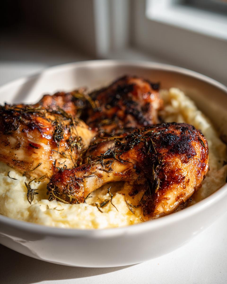 Close-up of three roasted chicken legs with herbs served over creamy mashed potatoes, perfect for new years recipes.