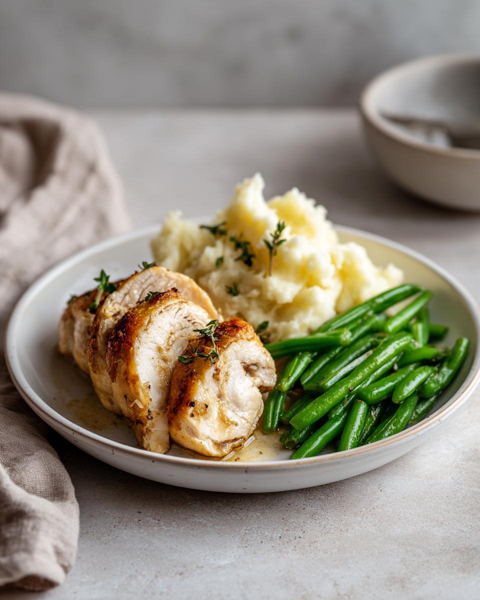 A festive plate of sliced roasted chicken, creamy mashed potatoes, and bright green beans, perfect for New Years dinner ideas.
