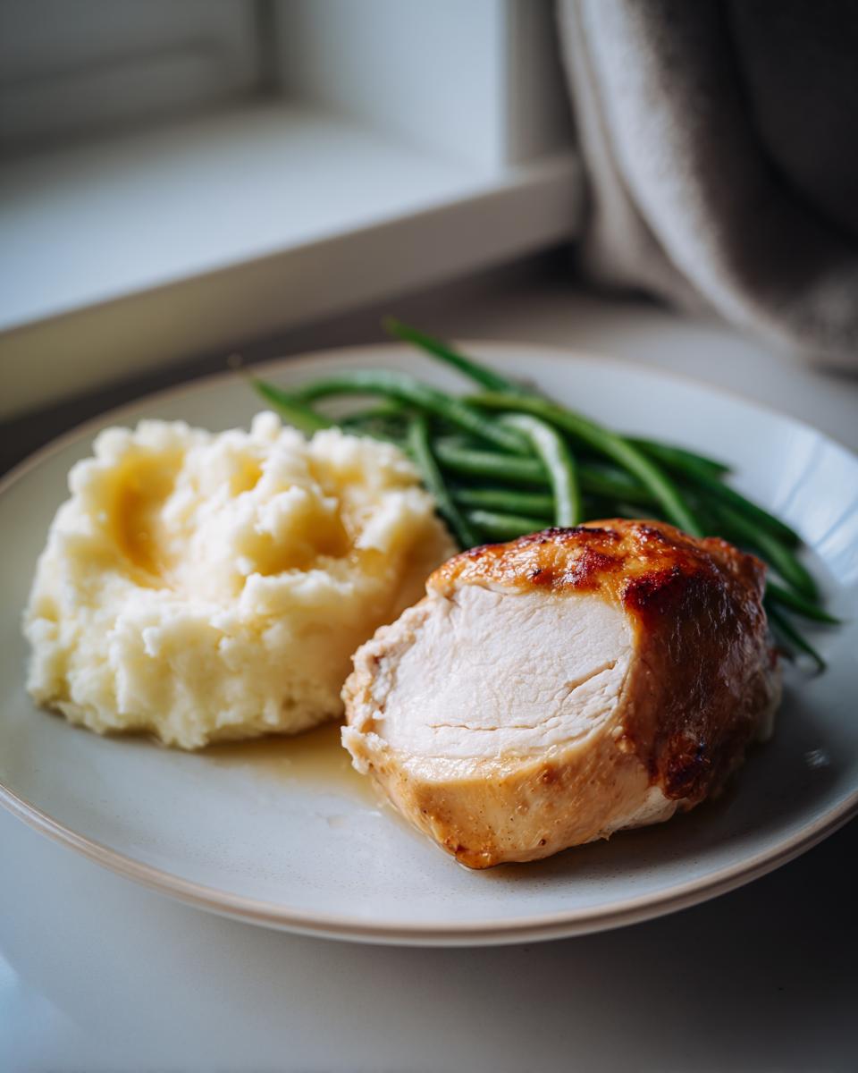 A perfectly roasted chicken breast served with creamy mashed potatoes and fresh green beans, a perfect dish for new years dinner ideas.