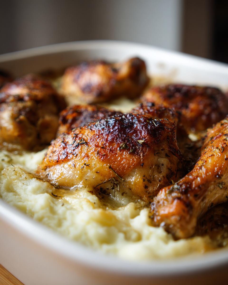 Close-up of golden-brown roasted chicken pieces nestled in creamy mashed potatoes, a perfect New Years recipe.