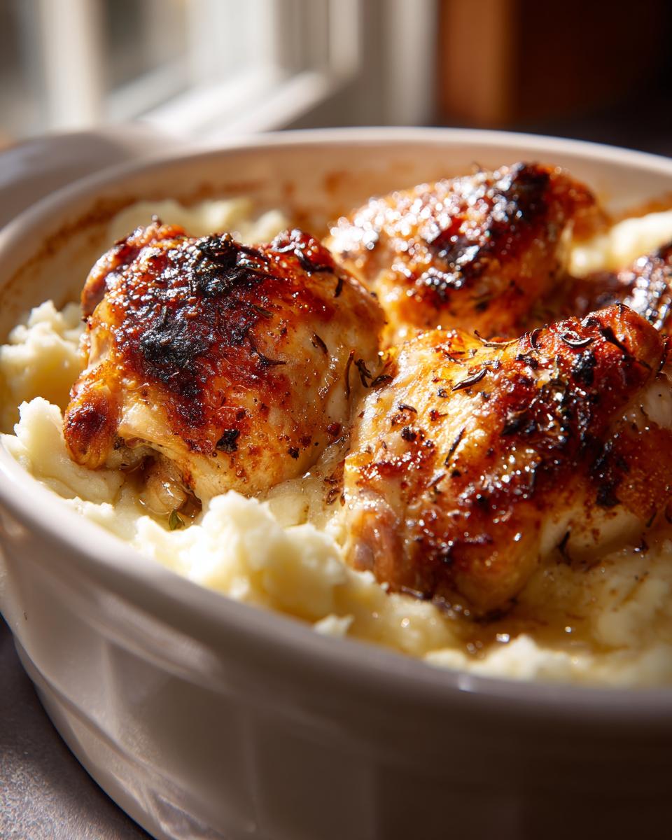 Close-up of juicy roasted chicken pieces nestled in creamy mashed potatoes, perfect for new years recipes.