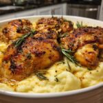 Close-up of roasted chicken thighs served over creamy mashed potatoes, garnished with rosemary. A perfect dish for new years recipes.