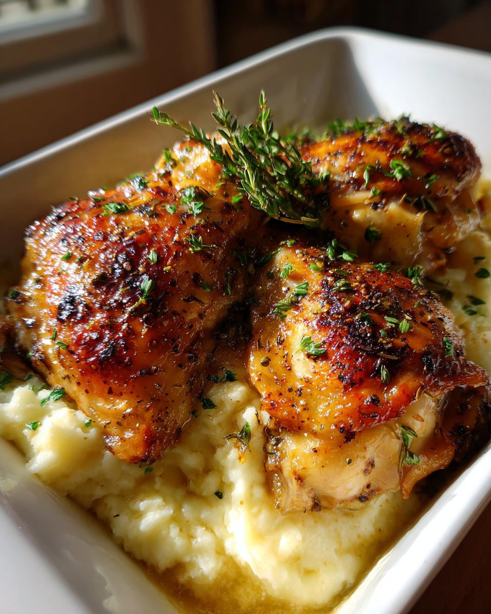 Close-up of juicy roasted chicken thighs served over creamy mashed potatoes, a perfect addition to your new years recipes.