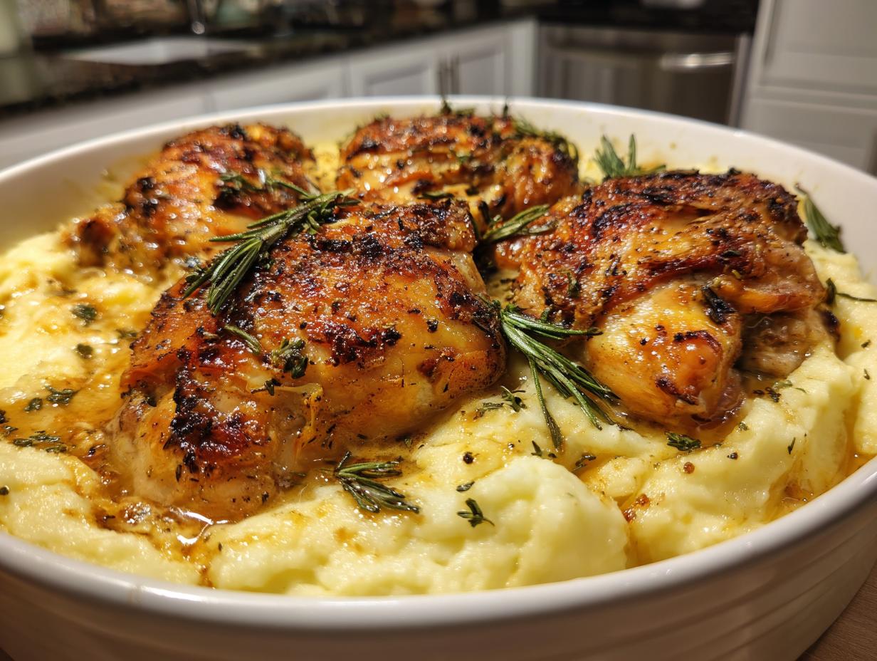 Close-up of roasted chicken thighs served over creamy mashed potatoes, garnished with rosemary. A perfect dish for new years recipes.