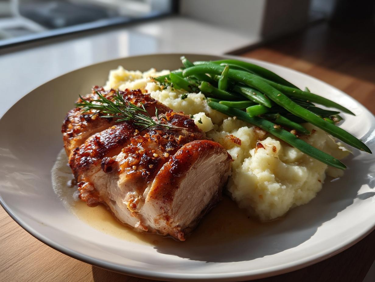 A plate of roasted pork, mashed potatoes, and green beans, perfect for New Years dinner ideas.