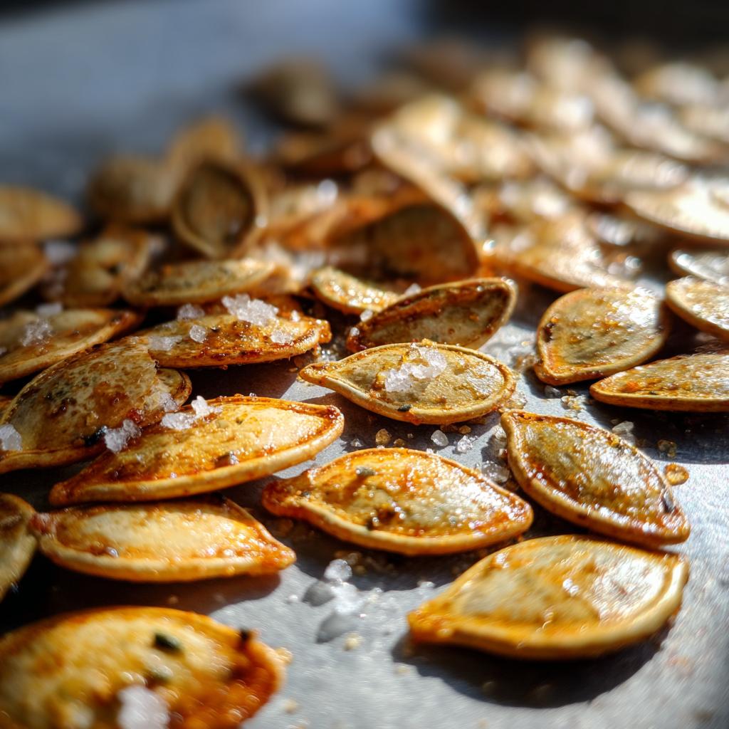 Close-up of roasted pumpkin seeds seasoned with salt and spices, ready for a pumpkin seeds recipe.