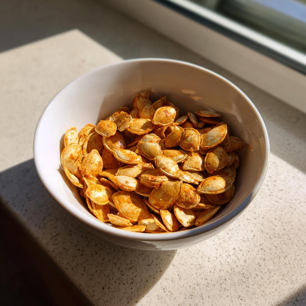 A white bowl filled with seasoned pumpkin seeds, ready for roasting in the oven.