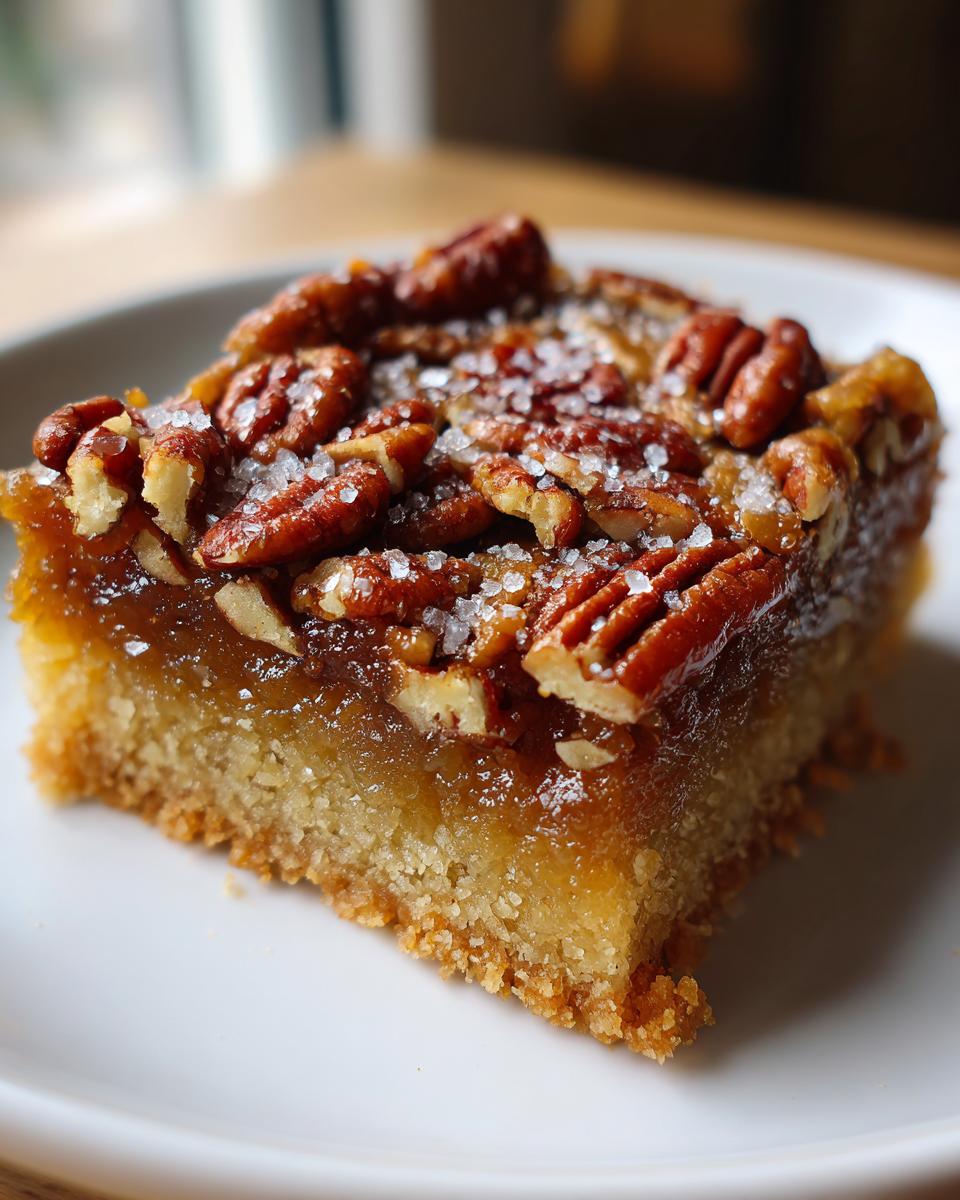 A close-up of a salted maple pecan pie bar on a white plate, showcasing the gooey filling and crunchy pecans.