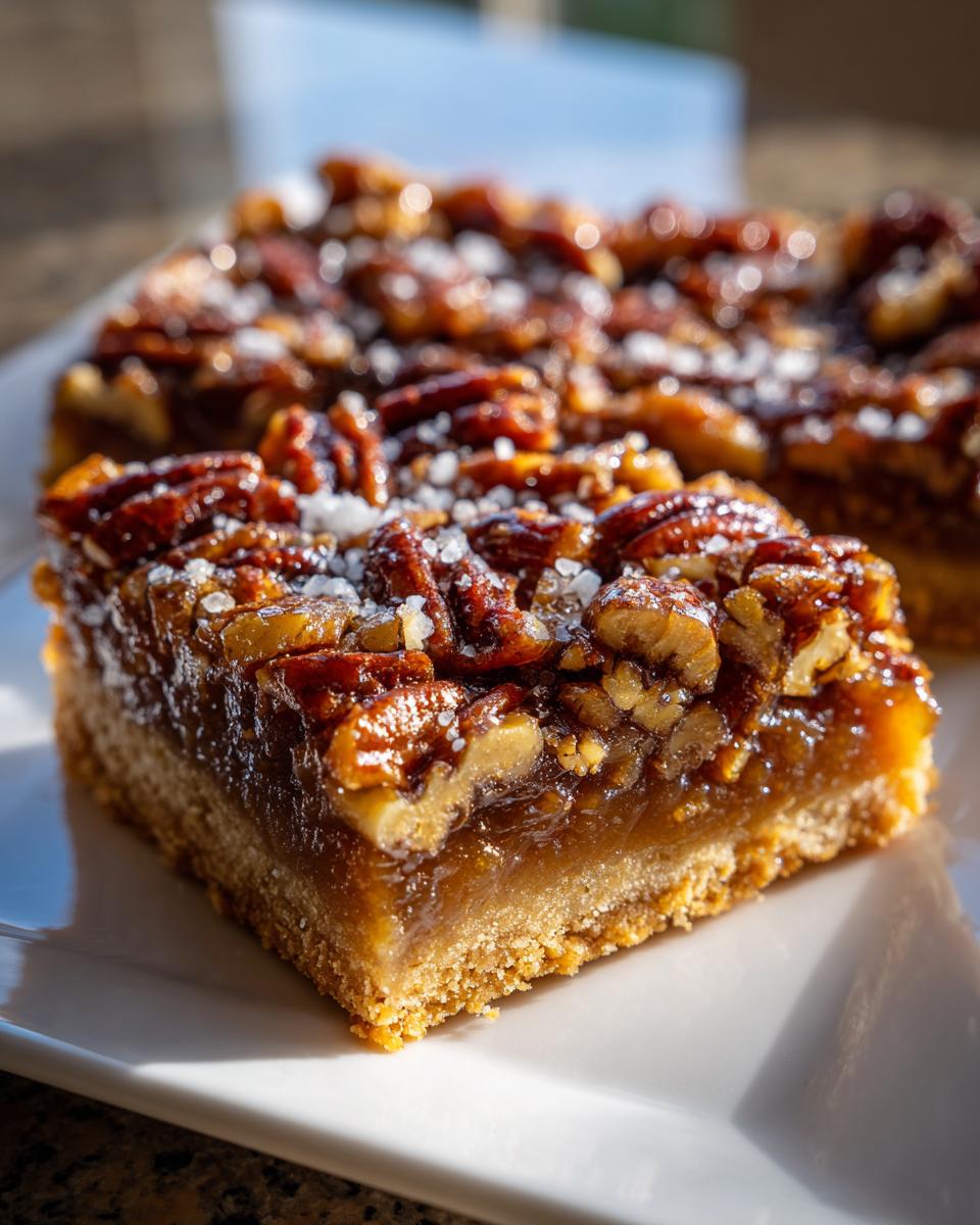 Close-up of a delicious salted maple pecan pie bar on a white plate, showcasing the flaky crust and gooey pecan topping.
