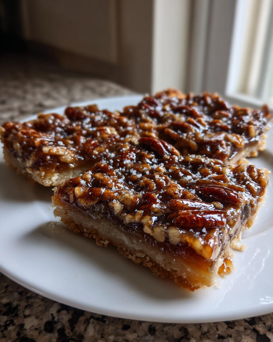 Close-up of two salted maple pecan pie bars on a white plate, showcasing the flaky crust and gooey pecan topping.