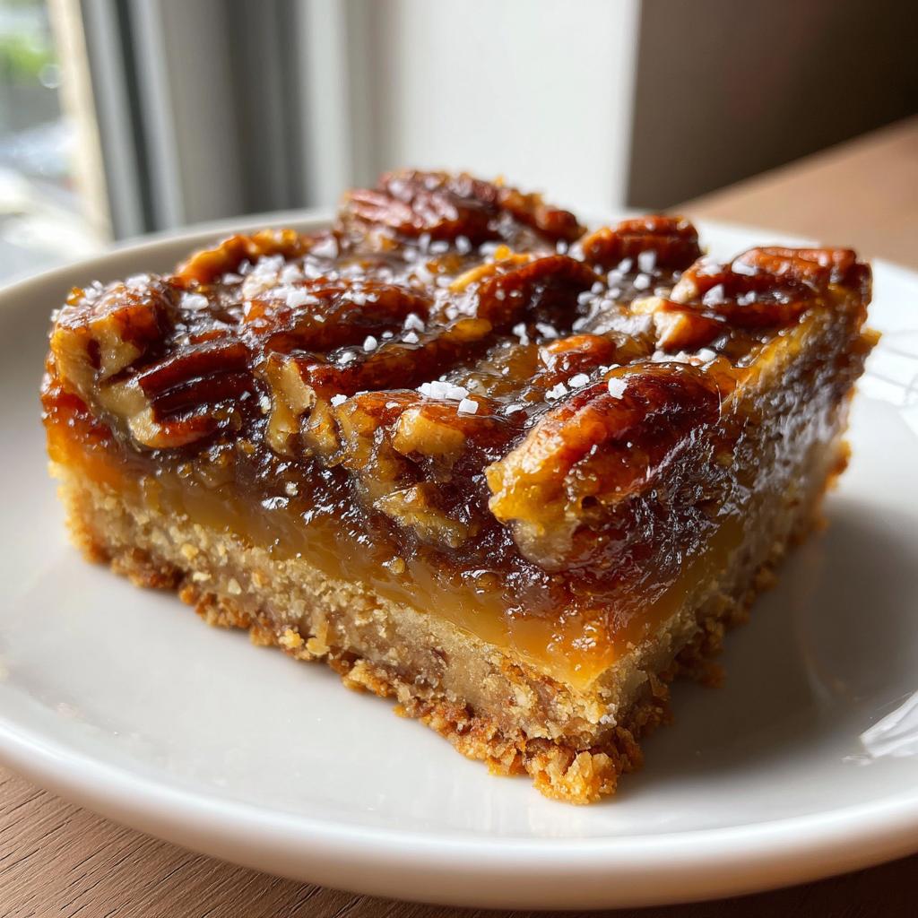 A close-up of a salted maple pecan pie bar on a white plate, showcasing the flaky crust, gooey filling, and pecan topping.
