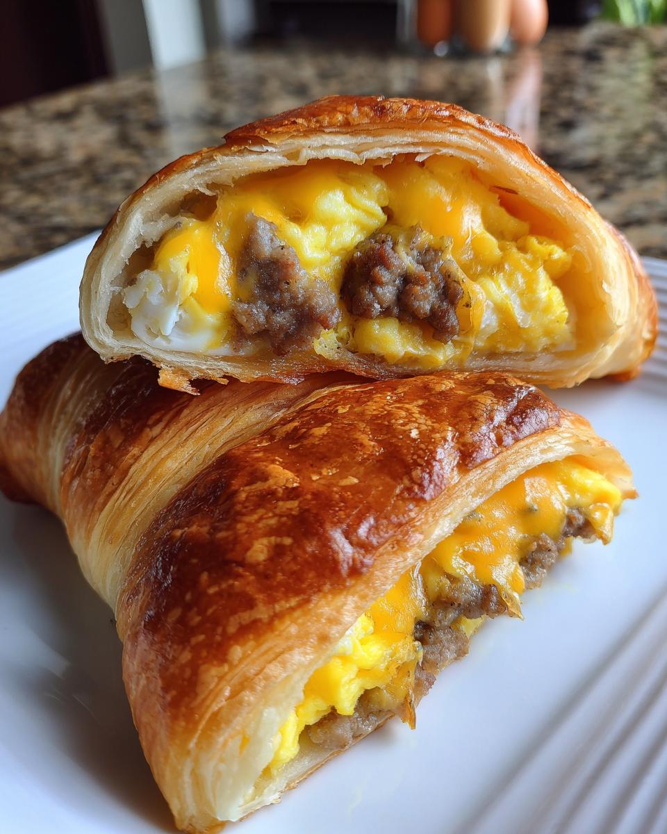 A close-up view of a halved sausage egg breakfast roll, revealing fluffy scrambled eggs, crumbled sausage, and melted cheese inside a golden-brown pastry.