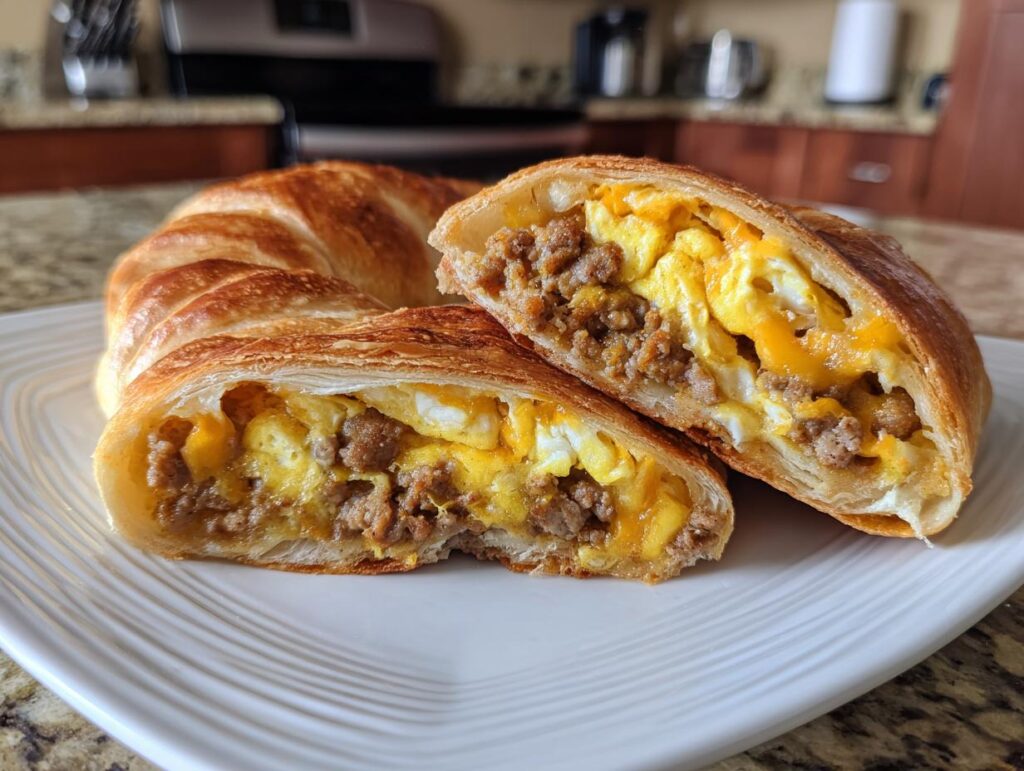 A close-up view of a sausage egg breakfast roll, cut in half, revealing fluffy scrambled eggs and savory sausage crumbles.