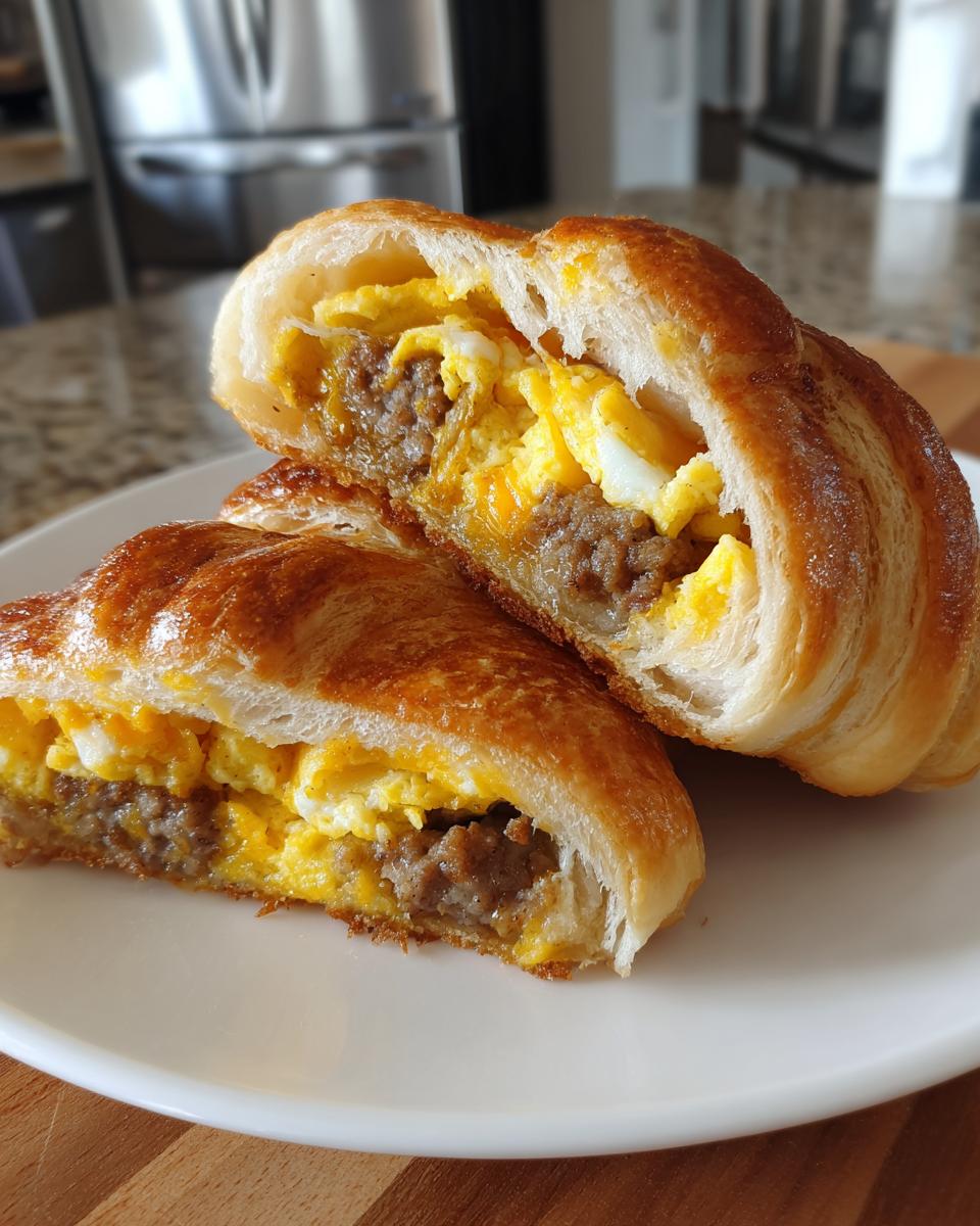 Close-up of two halves of a sausage egg breakfast roll, showing fluffy scrambled eggs and savory sausage inside a golden-brown pastry.