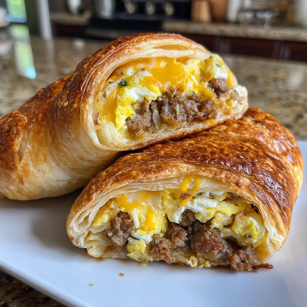 Close-up of a golden-brown sausage egg breakfast roll, cut in half to reveal fluffy scrambled eggs, crumbled sausage, and melted cheese.