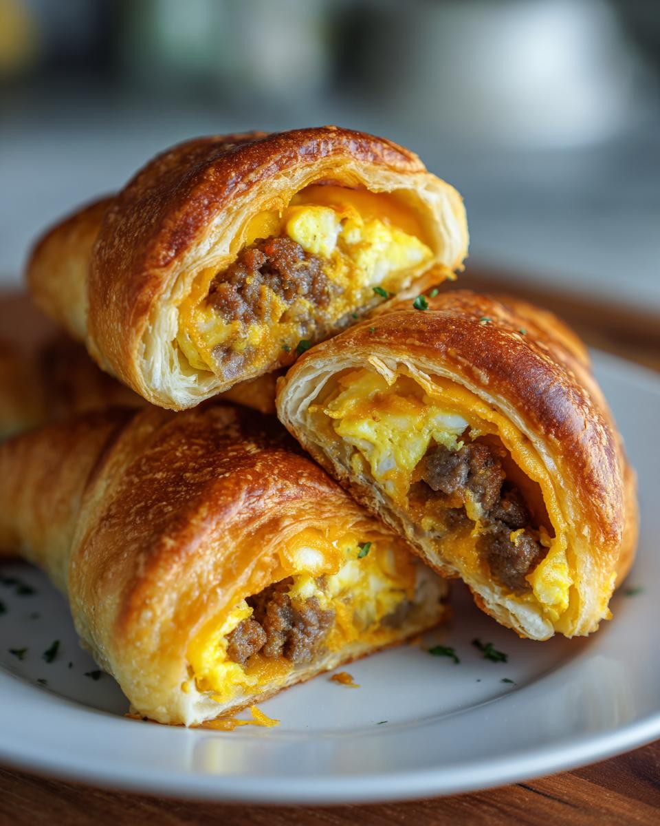 Close-up of golden sausage egg breakfast rolls, one cut in half to show the filling of scrambled eggs and sausage.