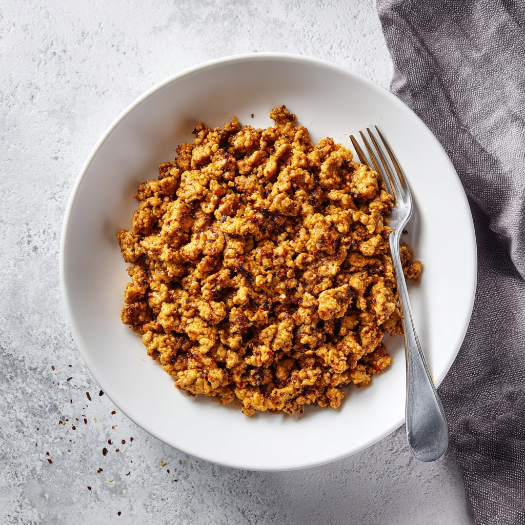 A white bowl filled with seasoned ground turkey, served with a fork. This is one of many ground turkey recipes.