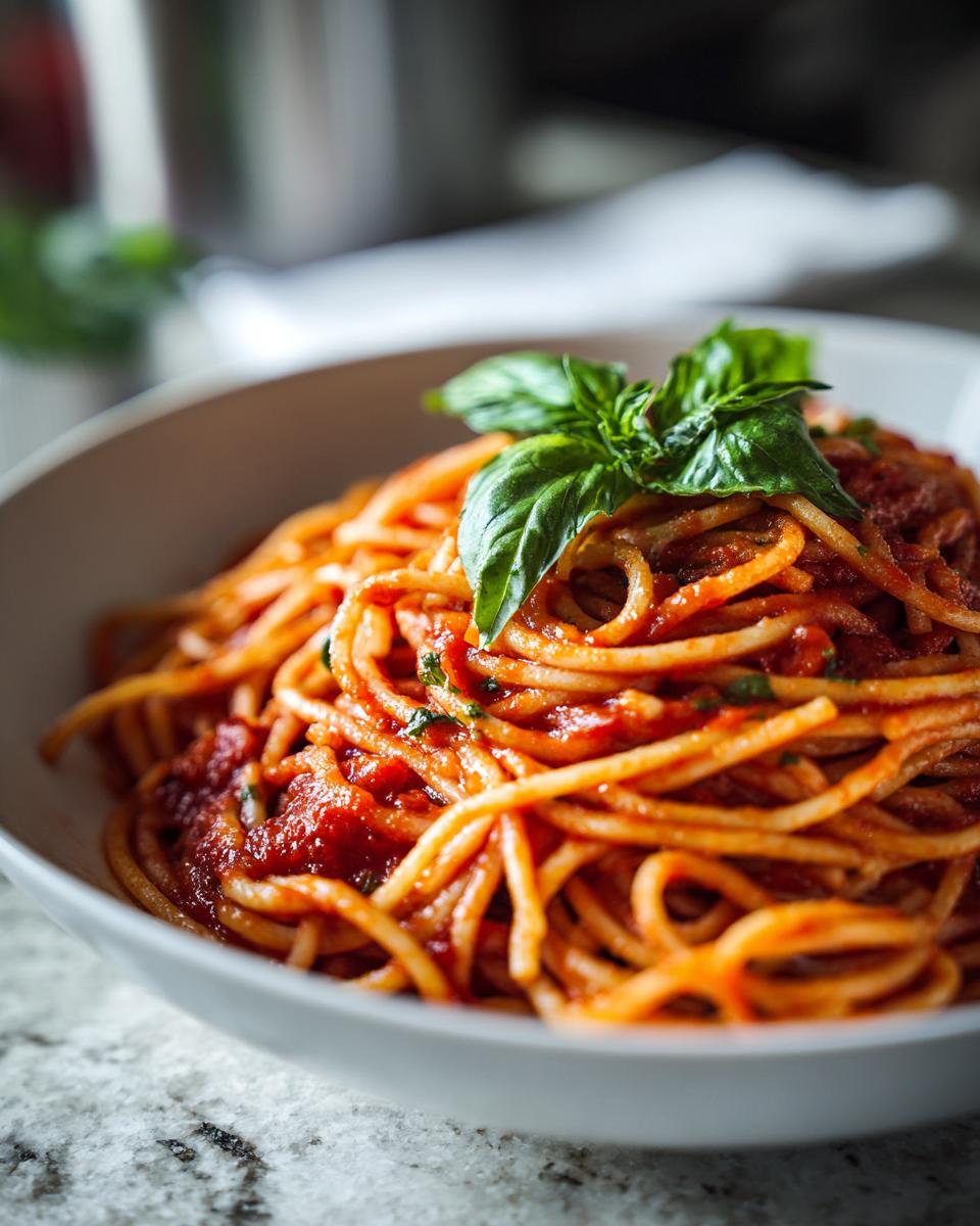 Close-up of a bowl of spaghetti with rich tomato sauce and fresh basil, a perfect simple dinner idea.
