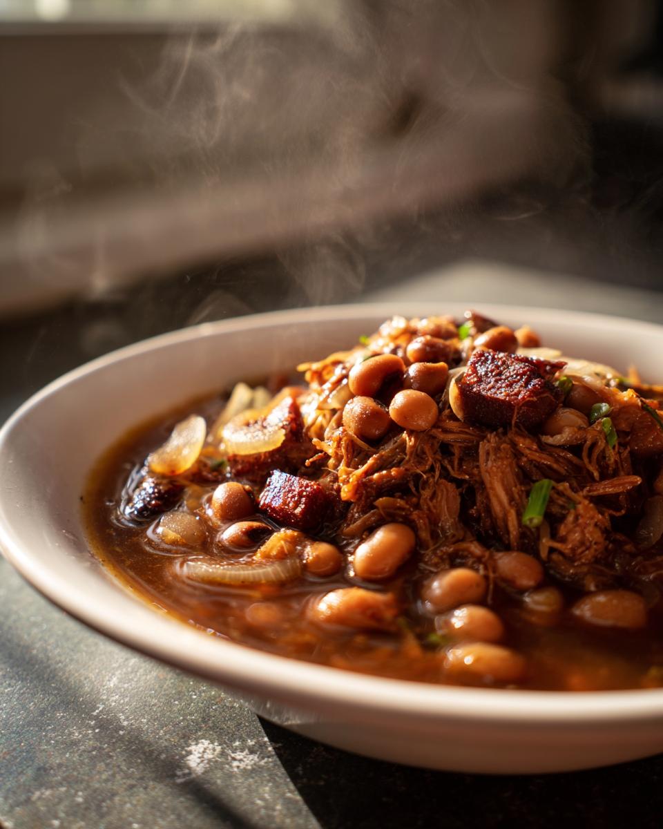 A close-up of a steaming bowl of smoky crock pot black eyed peas with tender shredded meat and chunks of sausage.