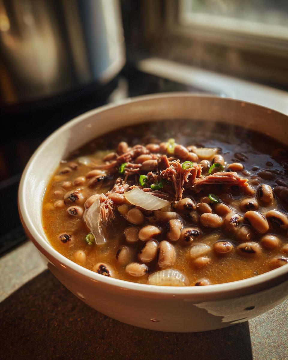 A steaming bowl of smoky crock pot black eyed peas recipe with shredded meat and onions.