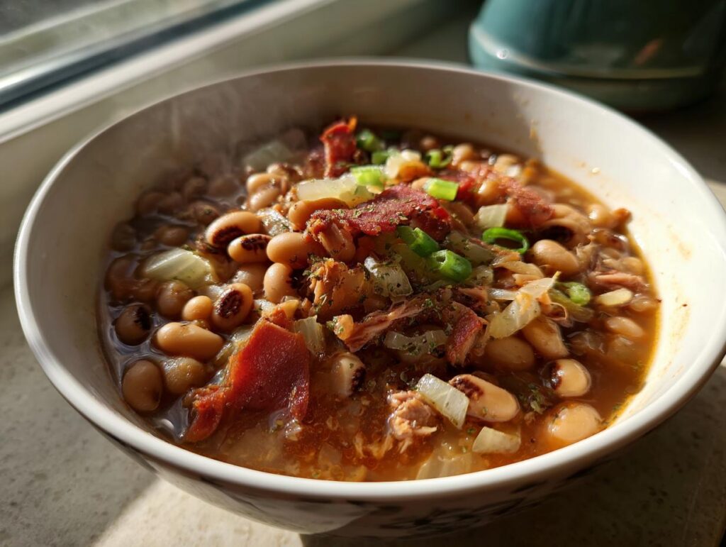 A steaming bowl of smoky crock pot black eyed peas recipe, garnished with bacon, onions, and green onions.