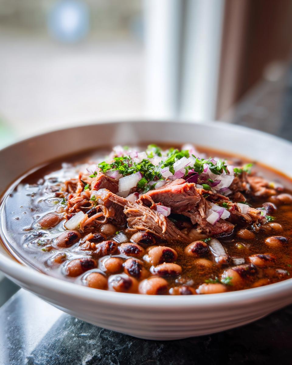 A close-up of a white bowl filled with a hearty black eyed peas recipe crock pot, topped with shredded pork and diced red onion and herbs.