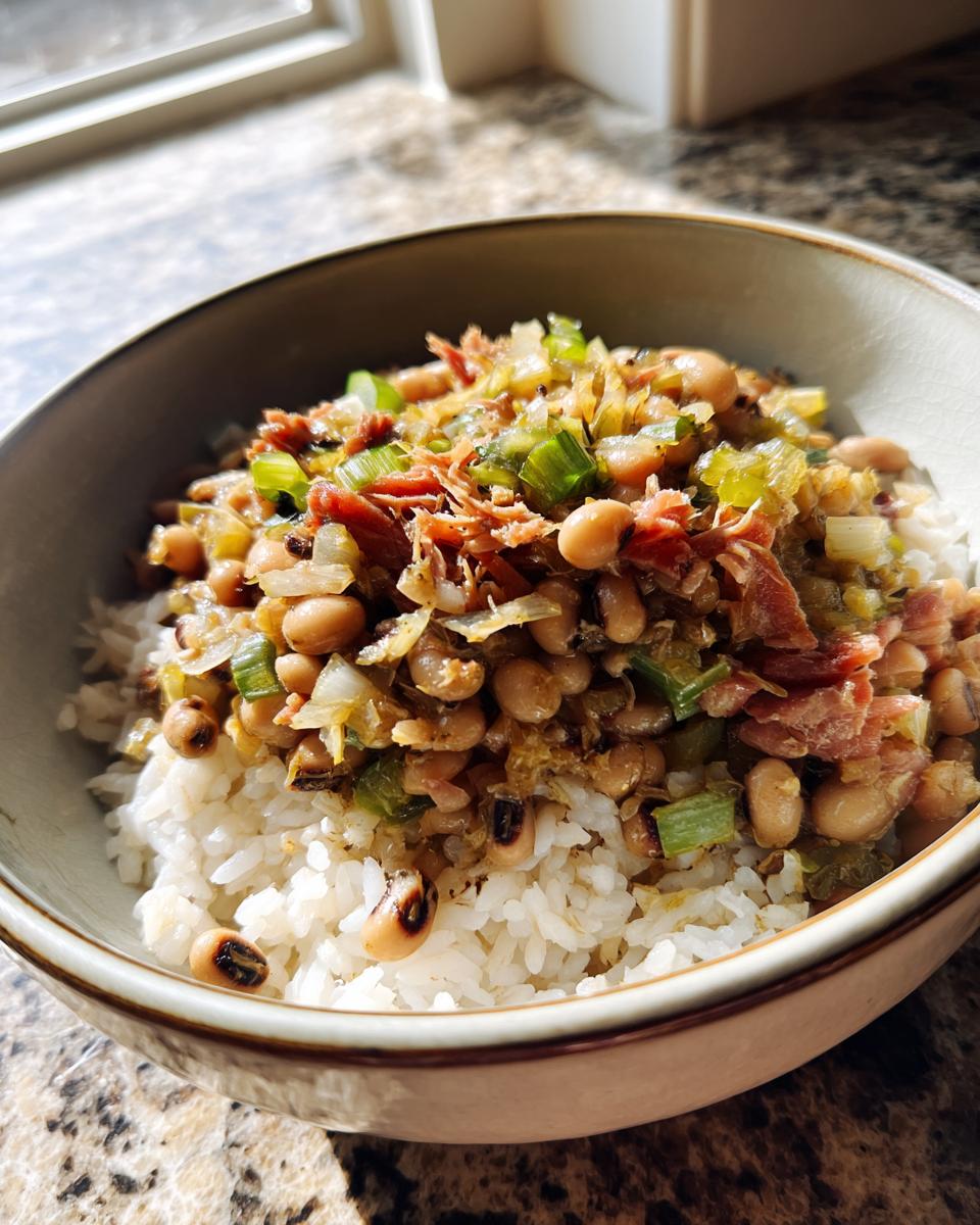 A bowl of fluffy white rice topped with a hearty serving of Hoppin John, featuring black eyed peas, ham, and green onions.