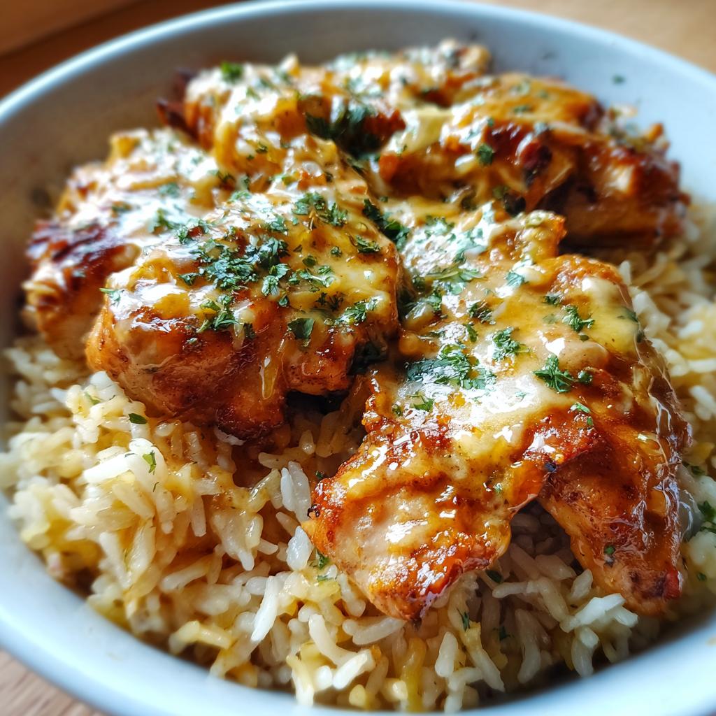 A close-up of a bowl filled with fluffy rice topped with tender smothered chicken and melted cheese, garnished with parsley.