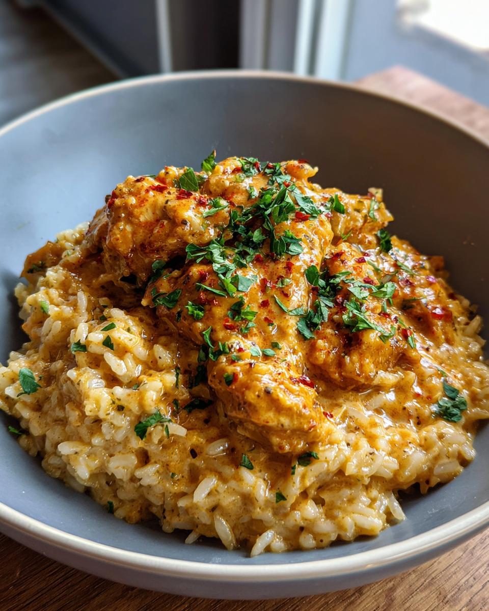 A close-up of a bowl filled with creamy rice topped with tender pieces of smothered chicken and garnished with fresh parsley and chili flakes.