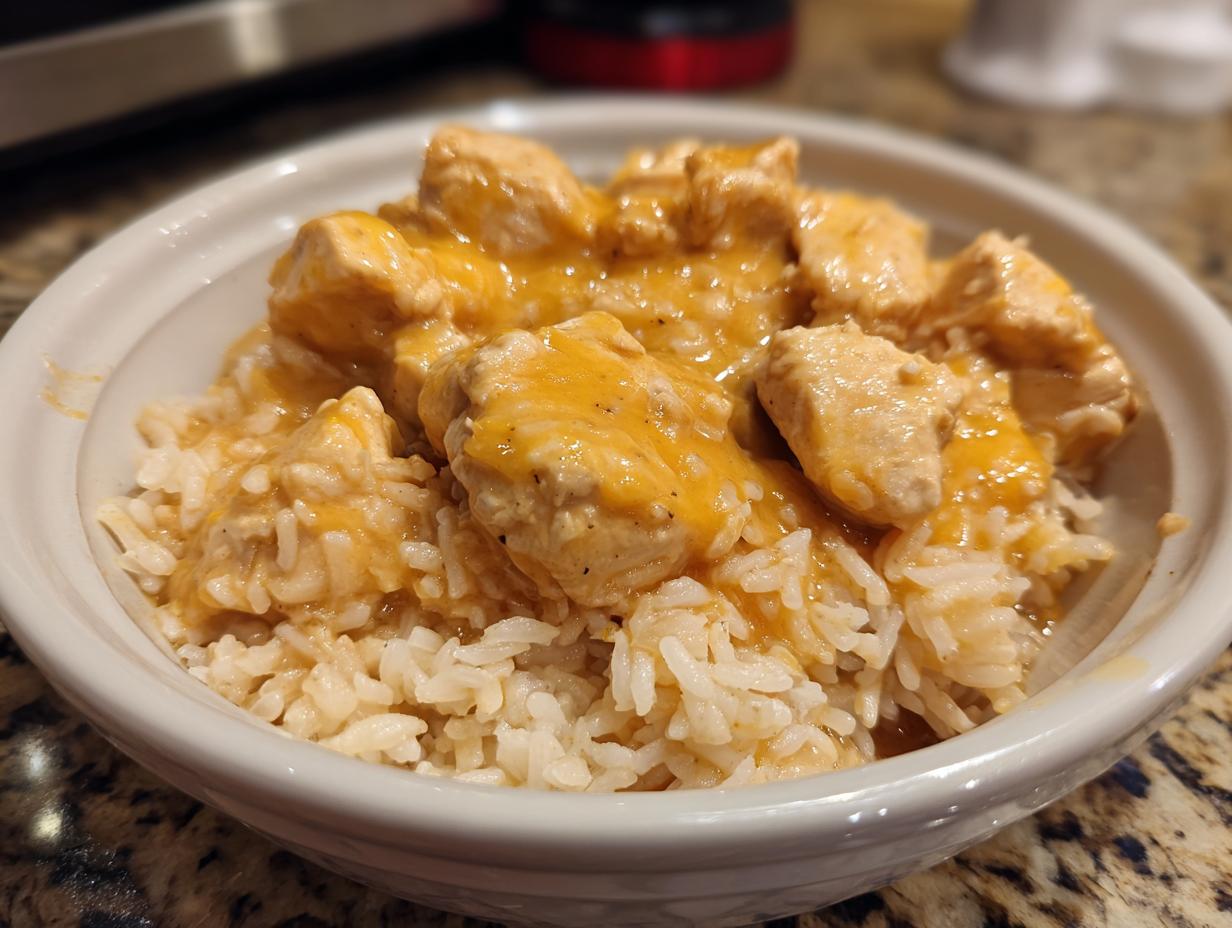 A close-up of a white bowl filled with fluffy white rice topped with tender pieces of smothered chicken in a creamy orange sauce.
