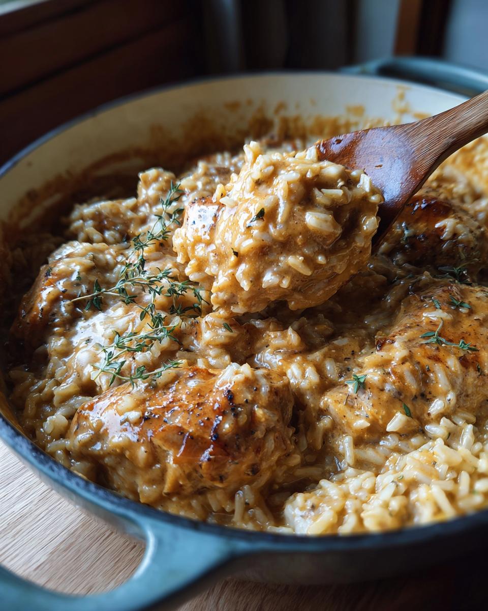 Close-up of creamy smothered chicken and rice in a cast iron pan, with a wooden spoon lifting a portion.