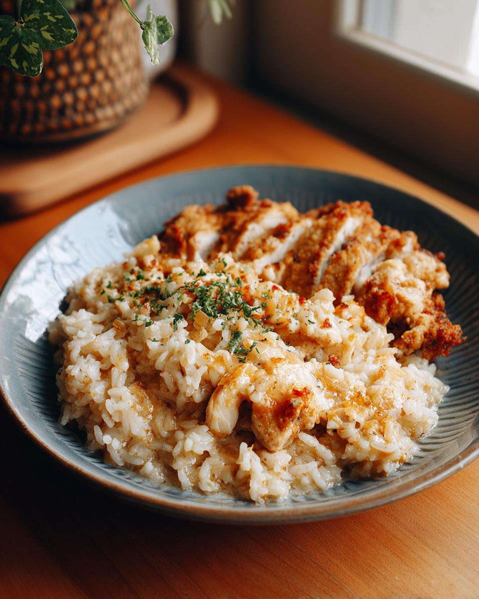 A close-up of smothered chicken and rice on a blue plate, garnished with parsley.