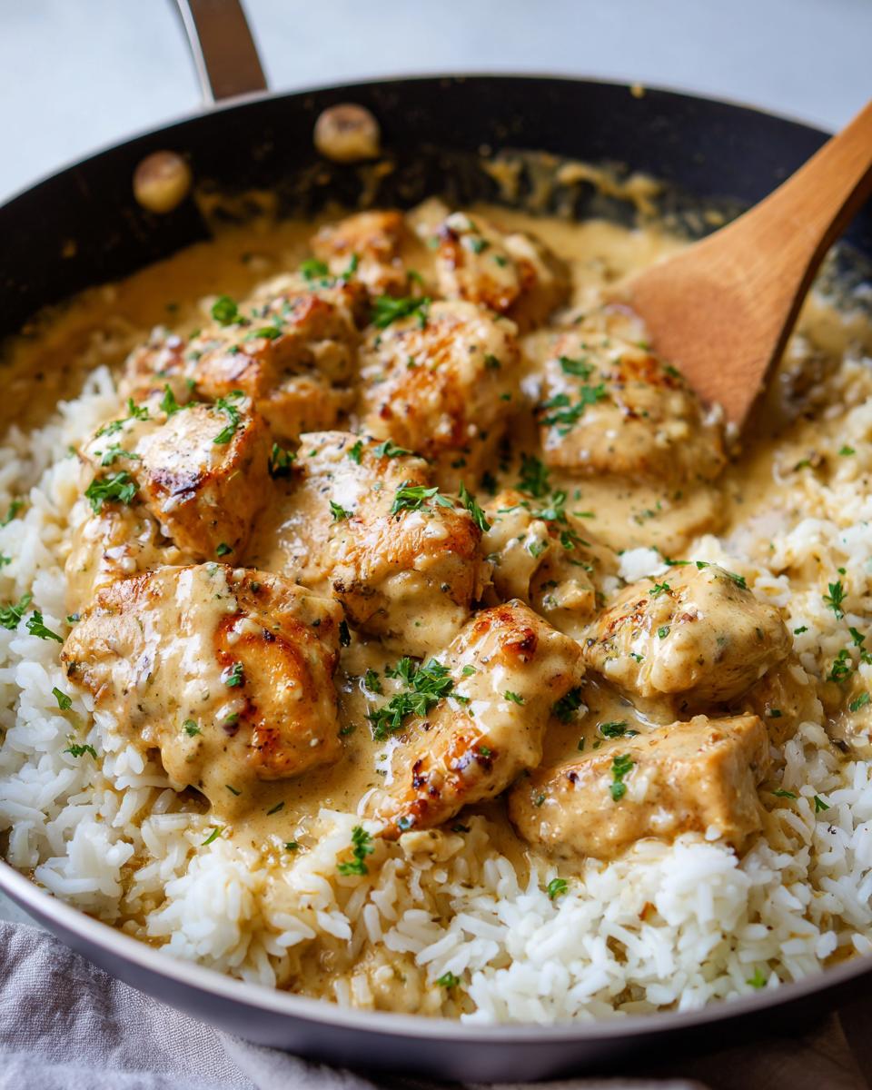 Close-up of tender pieces of smothered chicken served over fluffy white rice in a skillet, garnished with parsley.