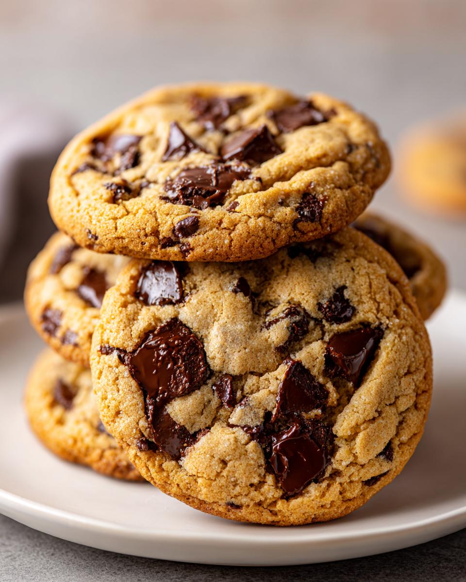 A stack of golden brown, soft chocolate chip cookies loaded with dark chocolate chunks.