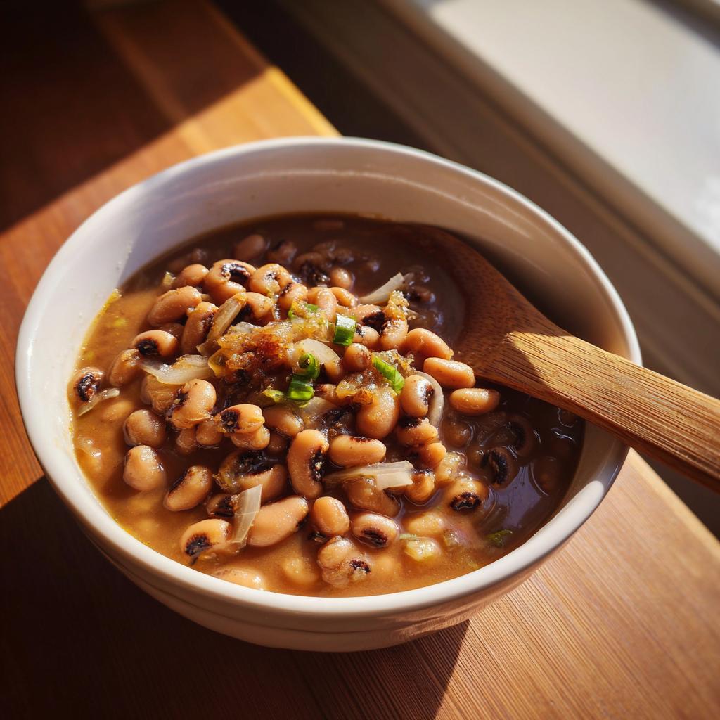 A close-up of a white bowl filled with hearty Southern-style black eyed peas, garnished with onions and green onions, a wooden spoon rests inside.