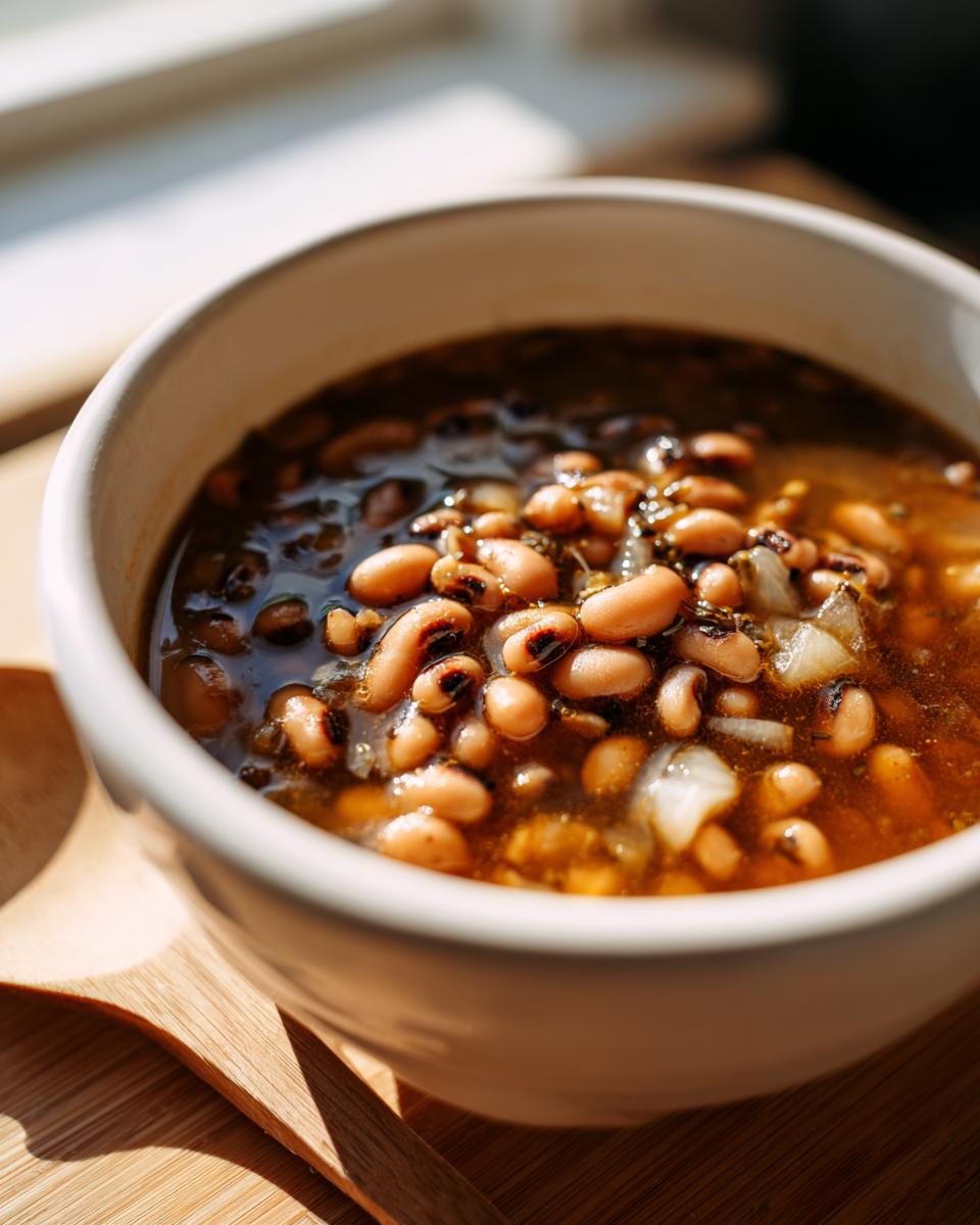 A close-up of a white bowl filled with hearty Southern-style black eyed peas in a rich broth.